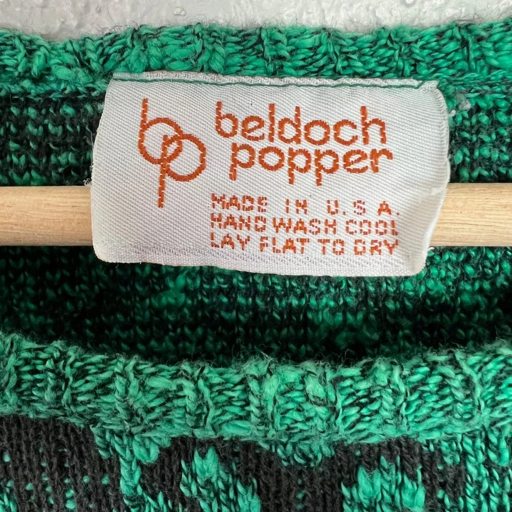 Beldoch Popper VTG Green Black Damask Fleur De Lis Knit Sweater LRG Made in USA‎